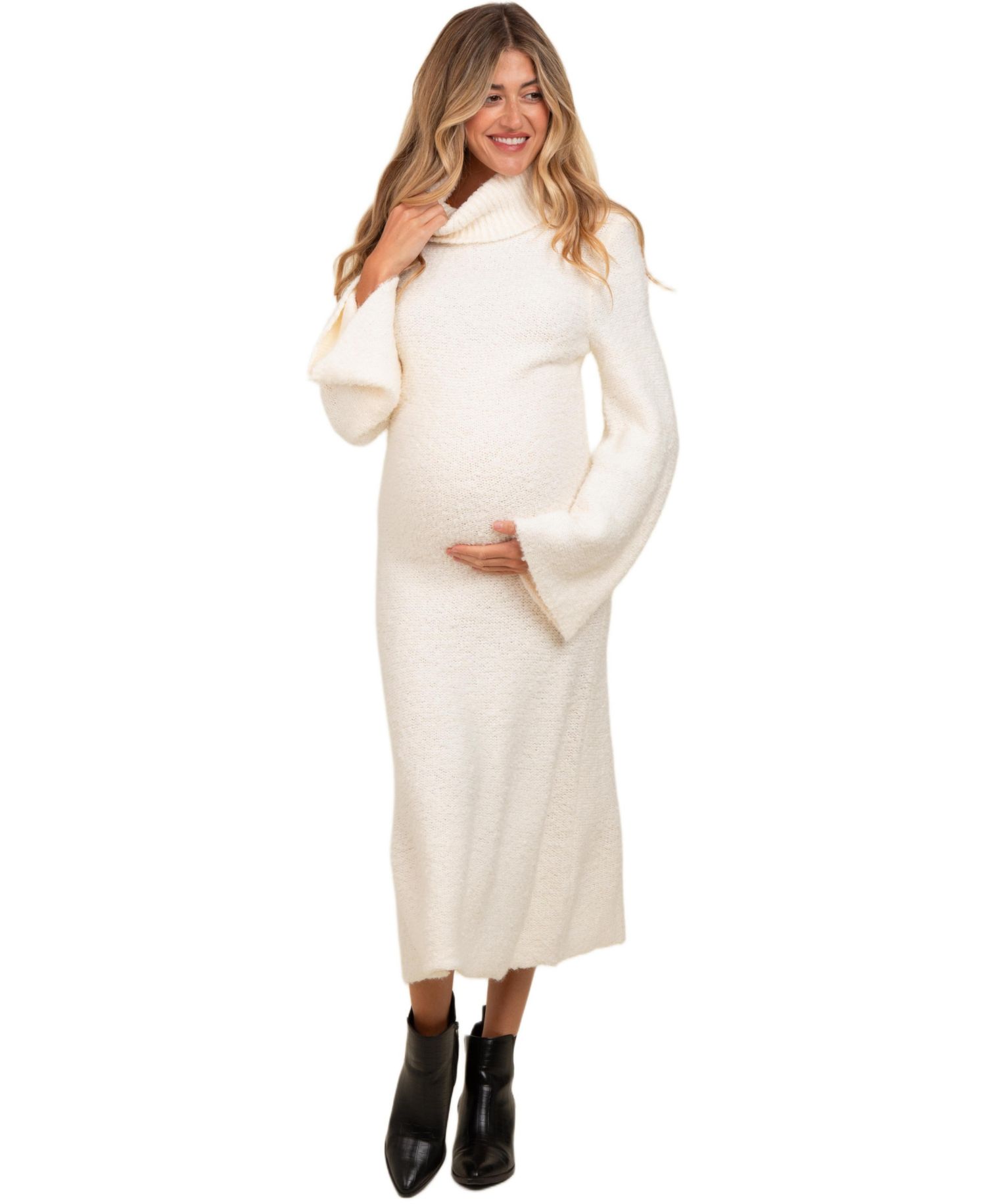 Women's Ivory Turtleneck Bell Sleeve Sweater Dress