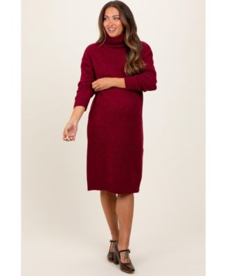 Maternity Burgundy Turtleneck Side Slit Midi Sweater Dress