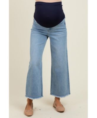 Maternity Blue Fringe Hem Ankle Wide Leg Jeans