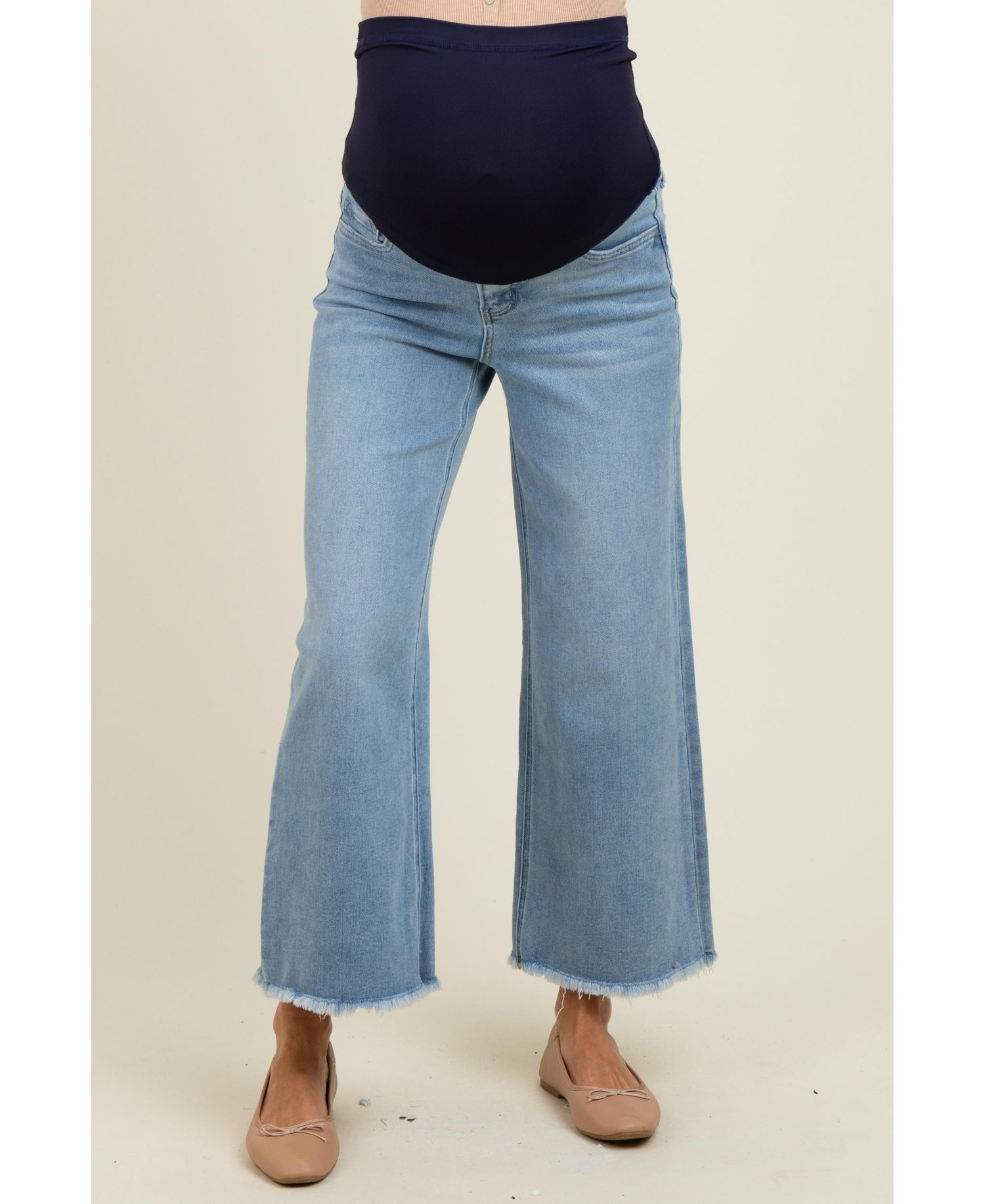 Maternity Blue Fringe Hem Ankle Wide Leg Jeans