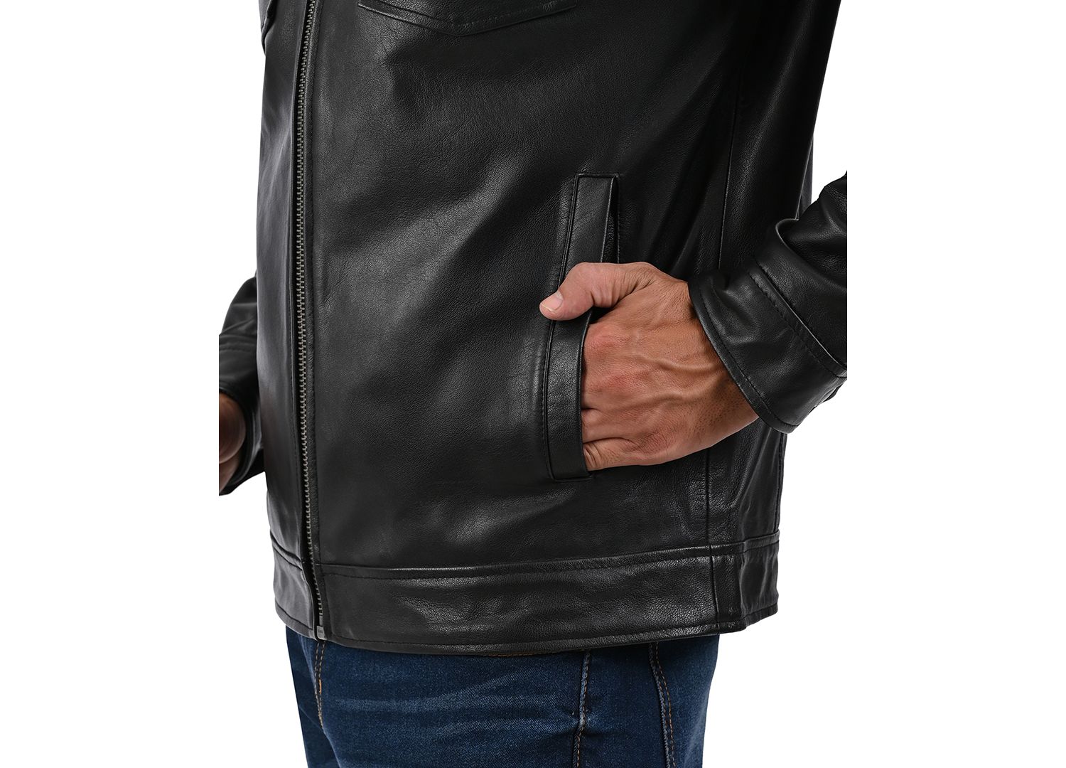 Men's Genuine Leather Regular-Fit Collared Neck Jacket