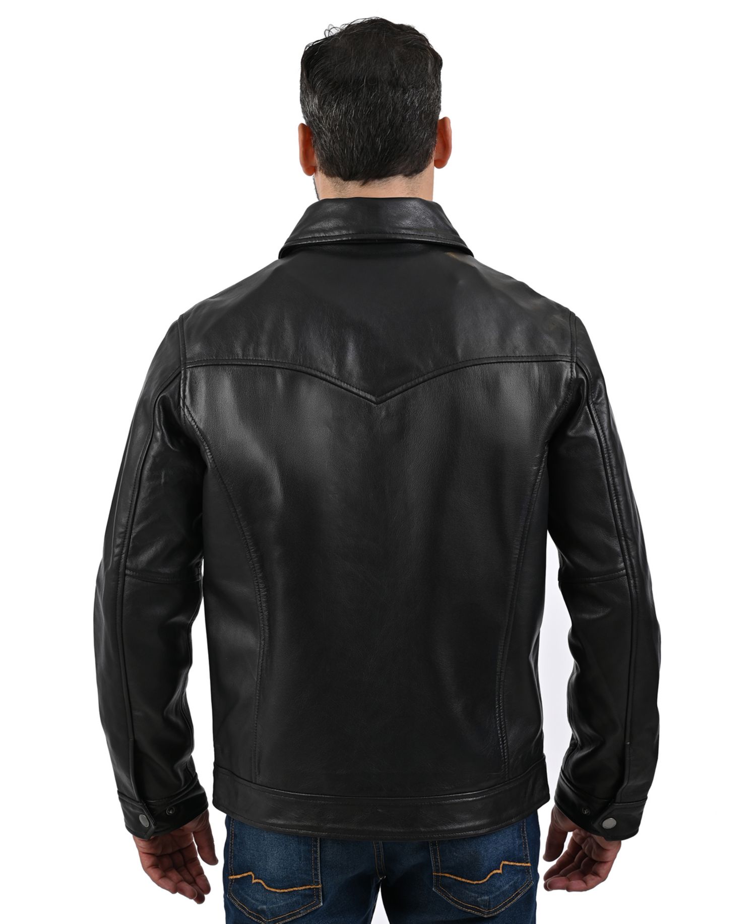 Men's Genuine Leather Regular-Fit Collared Neck Jacket