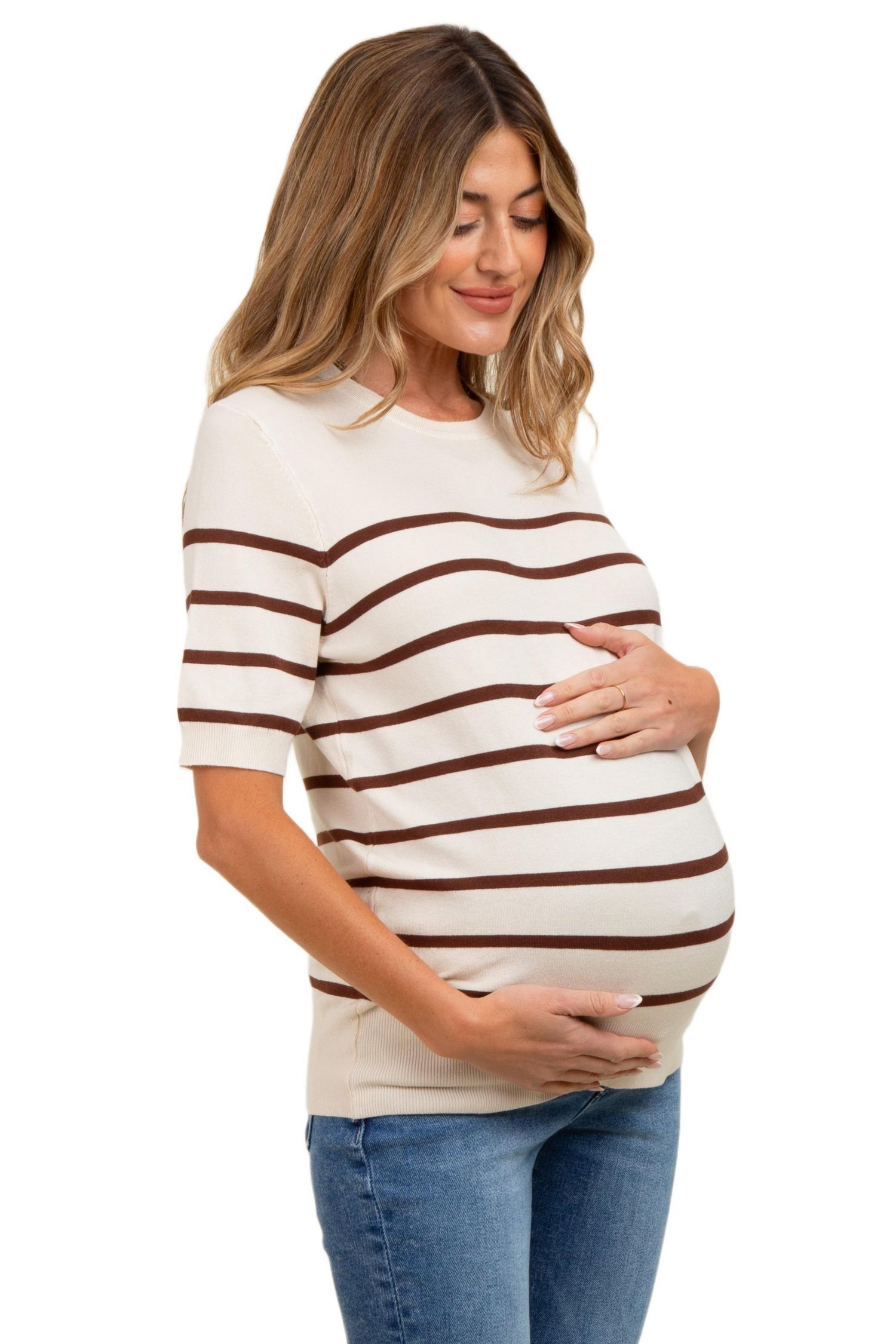 Women's Brown Striped Knit Short Sleeve Top