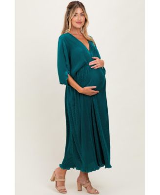 Maternity Burgundy Pleated Satin Dolman Sleeve Maxi Dress