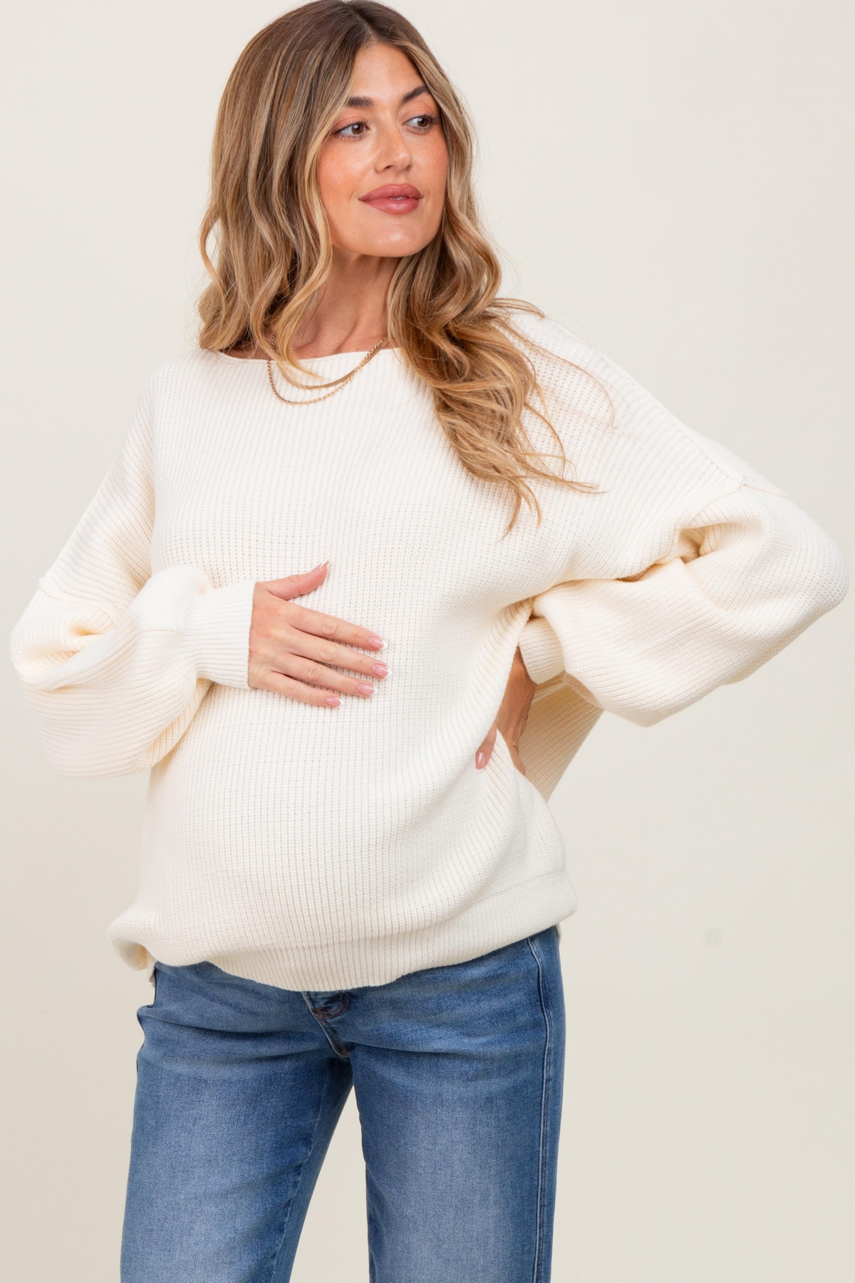 Pinkblush Maternity Cream Balloon Sleeve Boat Neck Knit Sweater