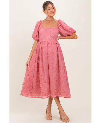Maternity Mauve Embroidered Floral Puff Sleeve Midi Dress
