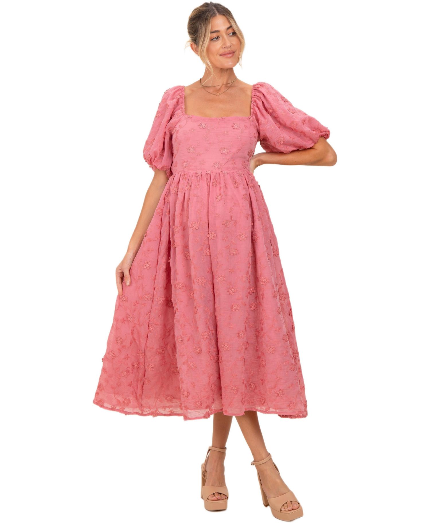Women's Embroidered Floral Puff Sleeve Midi Dress