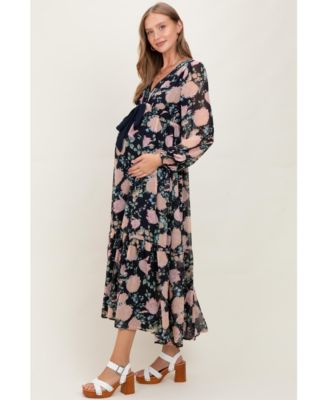 Maternity Navy Floral Chiffon Bow Tie Front Maxi Dress