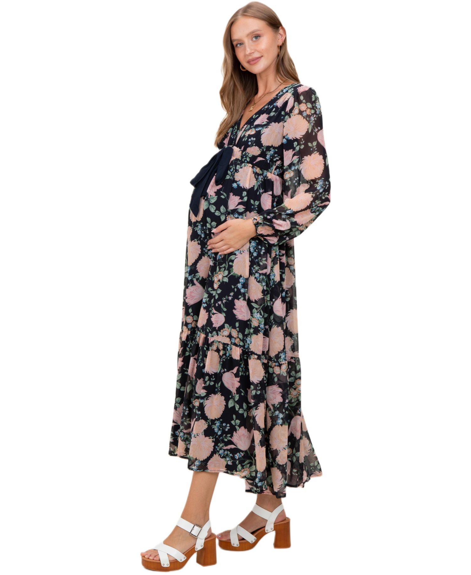 Women's Navy Floral Chiffon Bow Tie Front Maxi Dress