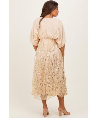 Maternity Dresses Light Gold Embroidered Tulle Dolman V-Neck Midi Dress