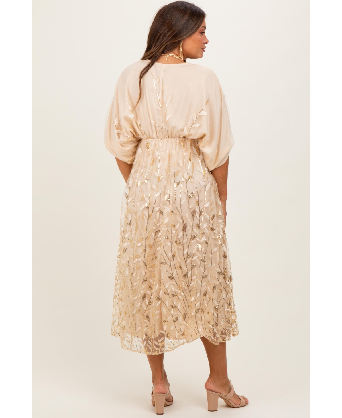 Pinkblush Maternity Dresses Light Gold Embroidered Tulle Dolman V-Neck Midi Dress