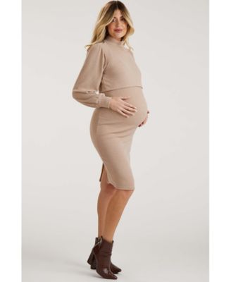 Maternity Taupe Rib Knit Mock Neck Nursing Dress
