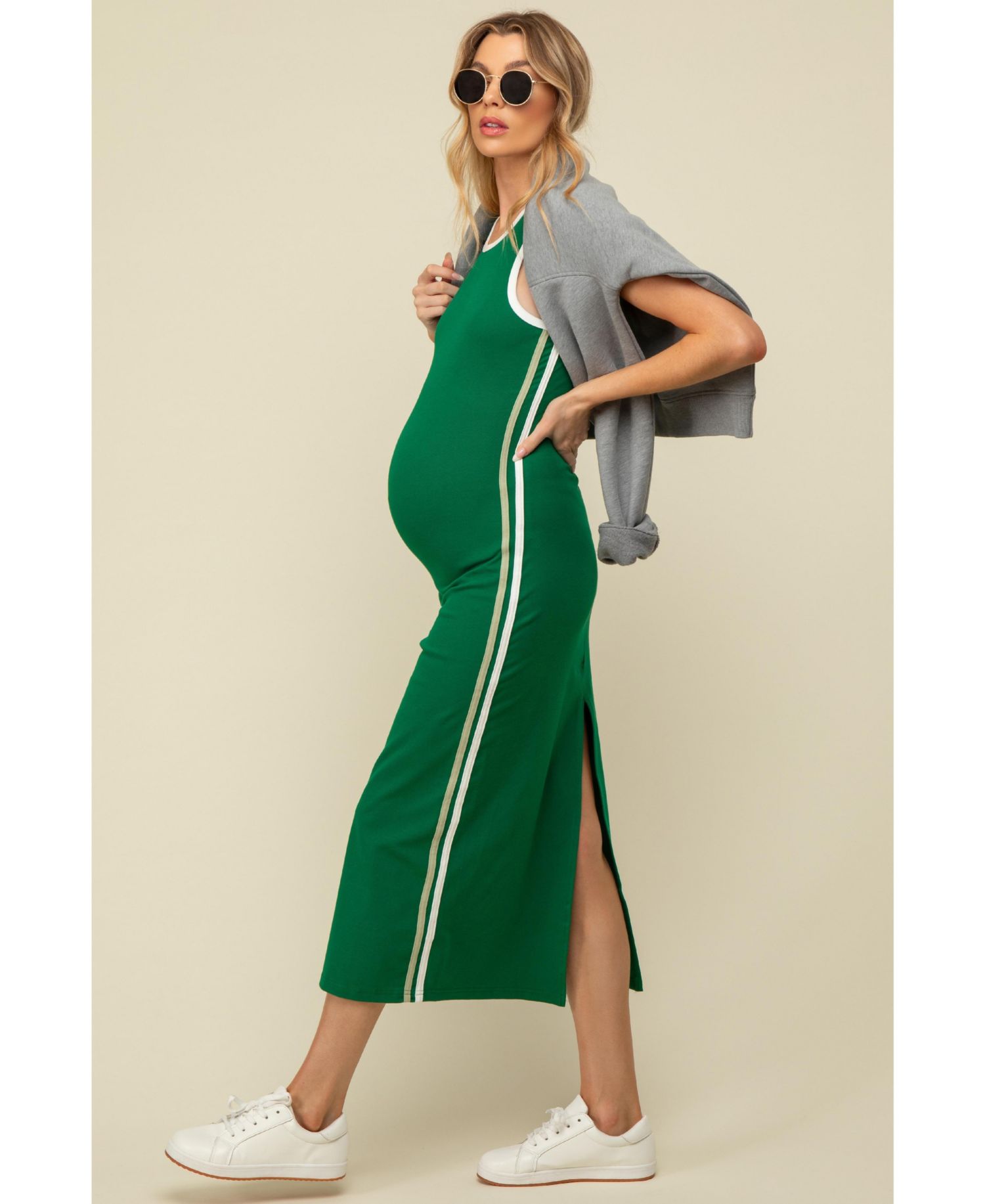 Women's Green Sleeveless Contrasting Stripe Maxi Dress
