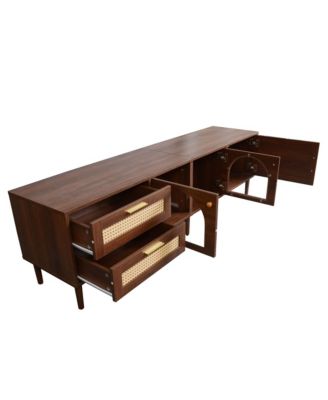 Rattan TV Stand with 3 Cabinets & 2 Drawers Media Console Table for TVs up to 80" with LED Light