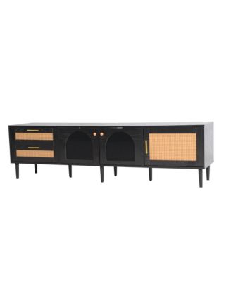 Rattan TV Stand with 3 Cabinets & 2 Drawers Media Console Table for TVs up to 80" with LED Light