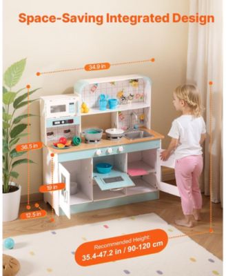 Wooden Play Kitchen for Kids, Toy Kitchen Set with Lights & Sounds, Ice Maker, Oven, Sink, Microwave, Fridge & Accessories