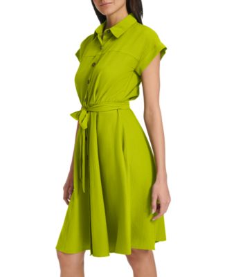 Women's Belted Cap-Sleeve Shirt Dress