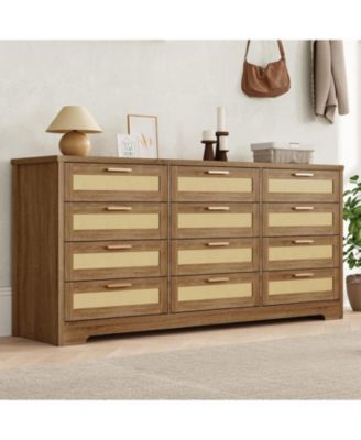 12-Drawer Rattan Bedroom Dresser, Modern Wood Storage Chest with Woven Panel Fronts for Nursery, Entryway, or Living Room, Natural