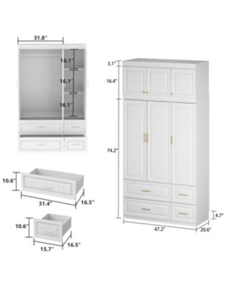 6-Door Big Wardrobe Armoires with Hanging Rod, 4-Drawers, Storage Shelves