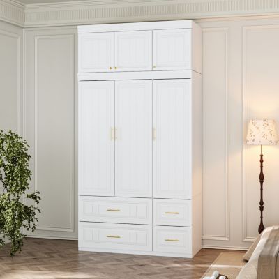 6-Door Big Wardrobe Armoires with Hanging Rod, 4-Drawers, Storage Shelves