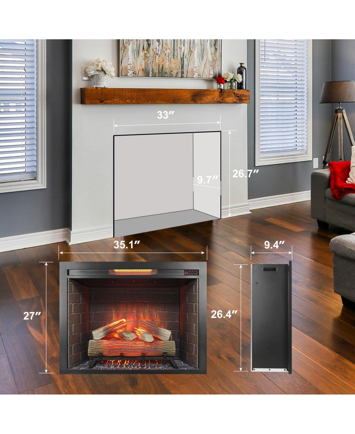 Flynama 33 inch Infrared Electric Fireplace Insert, Touch Panel Home Decor Heater,Smokeless Firebox .With fixed Trim Kit .With Crackling Sound