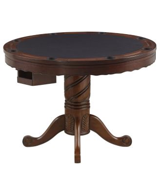 Tobacco Finish Reversible Game Table with cup holders, carved pedestal, velvet surface, converts dining to gaming.