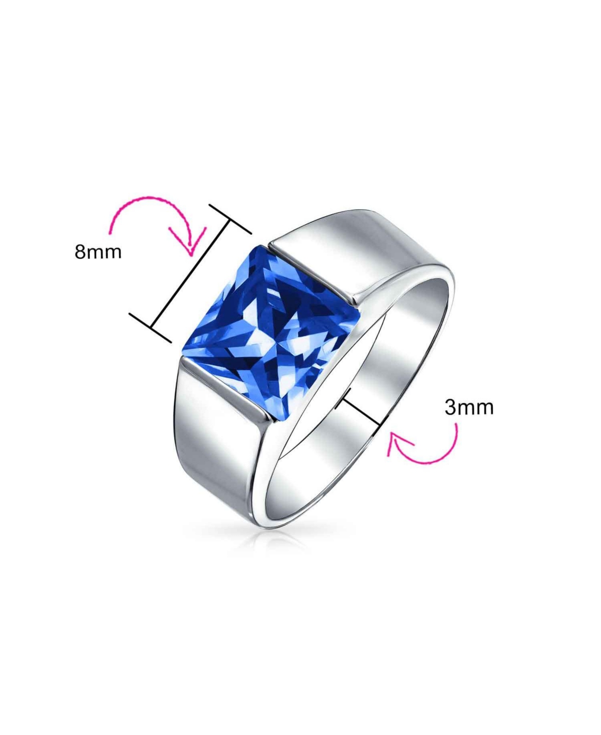 Bling Jewelry Traditional 3CT Blue Clear Cubic Zirconia Cz Square Solitaire Ring Pinky Silver Plated