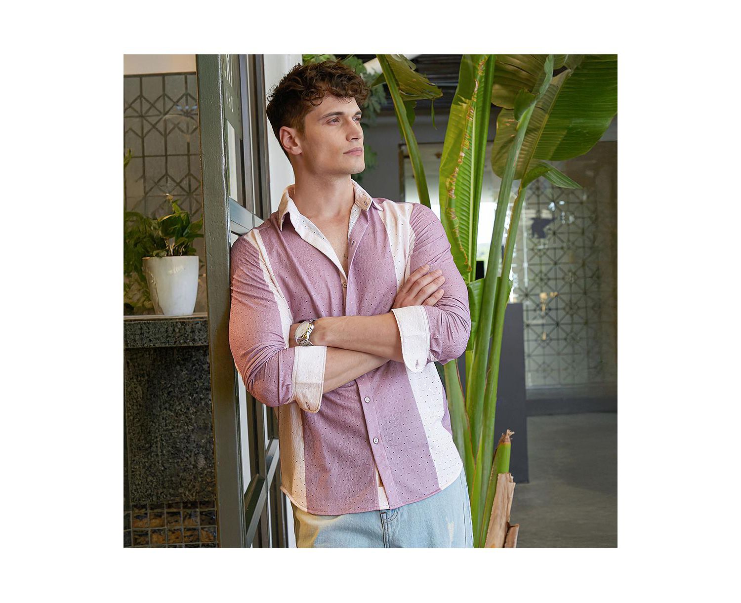 Men's Mauve Purple & Daisy White Panel-Tactile Shirt