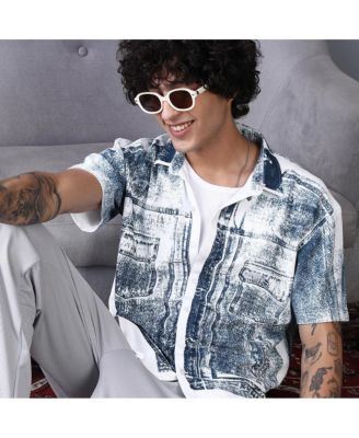 Men's Navy Blue Denim-Imprint Relaxed Shirt