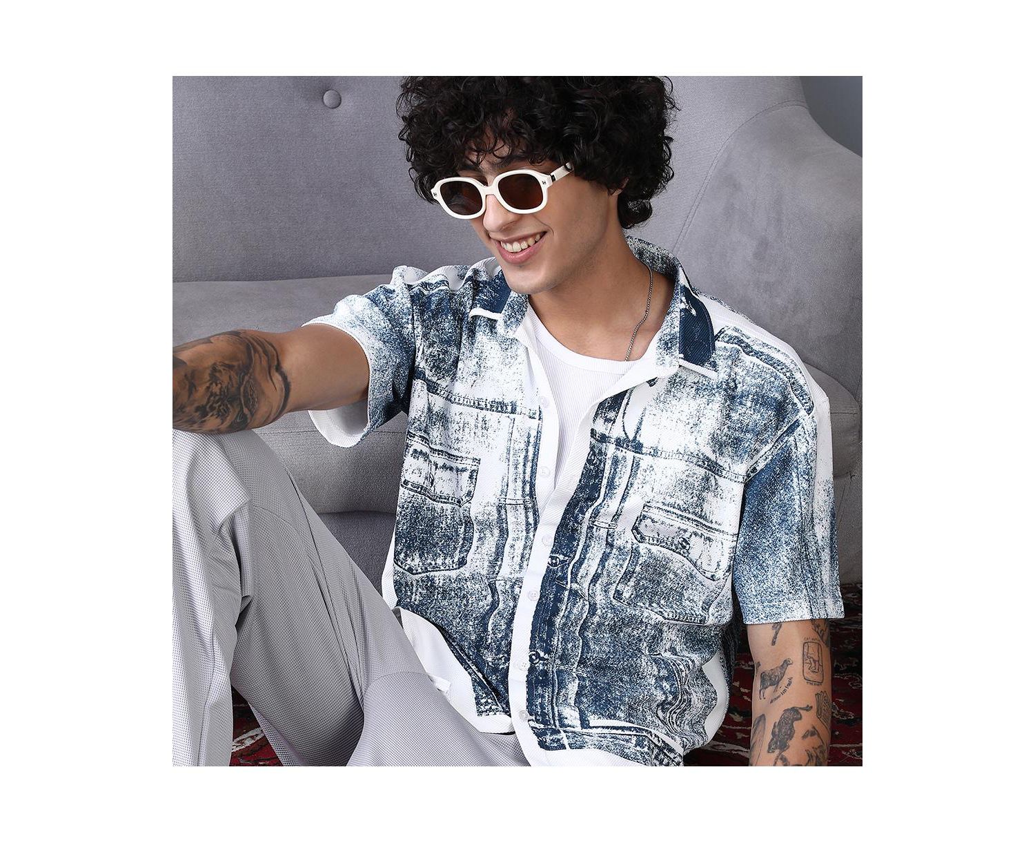 Men's Navy Blue Denim-Imprint Relaxed Shirt