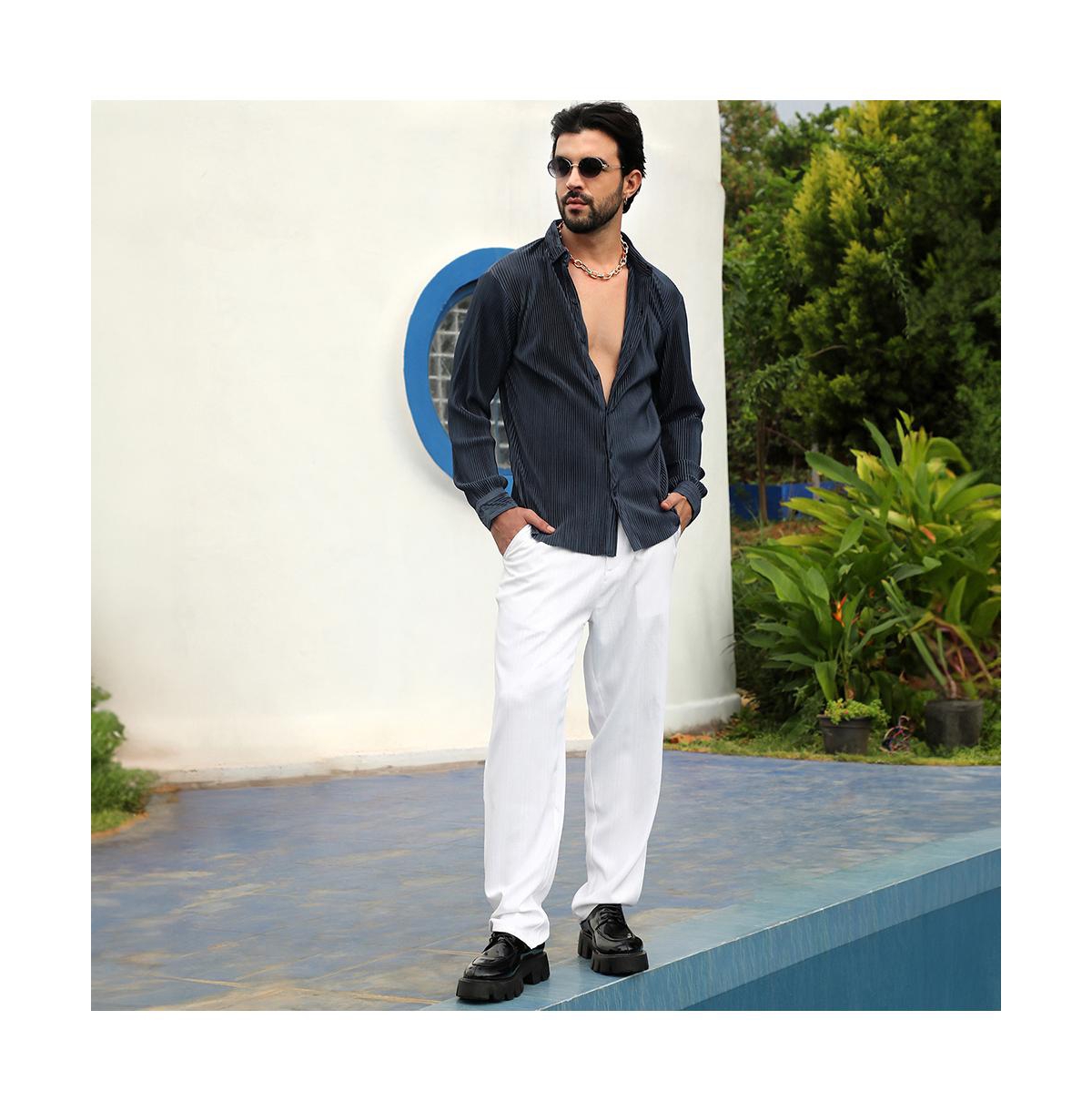 Campus Sutra Men's Navy Blue Pleat-Creased Shirt