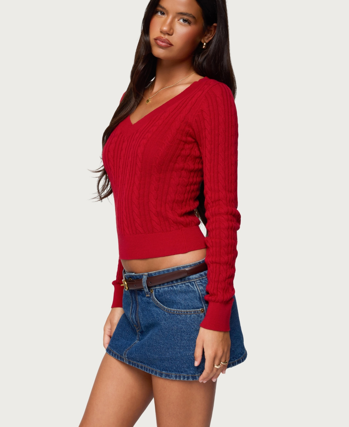 Edikted Women's Ashlee V Neck Cable Knit Top