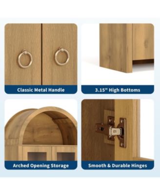 71" Tall Arched Kitchen Pantry Cabinet, Modern Farmhouse Kitchen Storage Cabinets with Open & Adjustable Shelves, Hidden Drawer & Glass Door