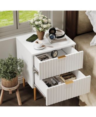 2pcs Modern Nightstand with 2 Drawers, Golden and Wood Fluted Night Stand with Charging Station, Bedside Table with USB Ports and Outlets.