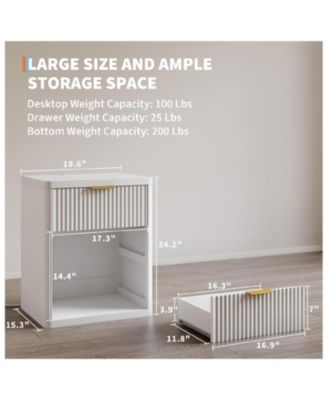 Fluted Nightstand with Charging Station, Bedside Table with Drawers and Open Storage Space, Mid Century Modern End Table