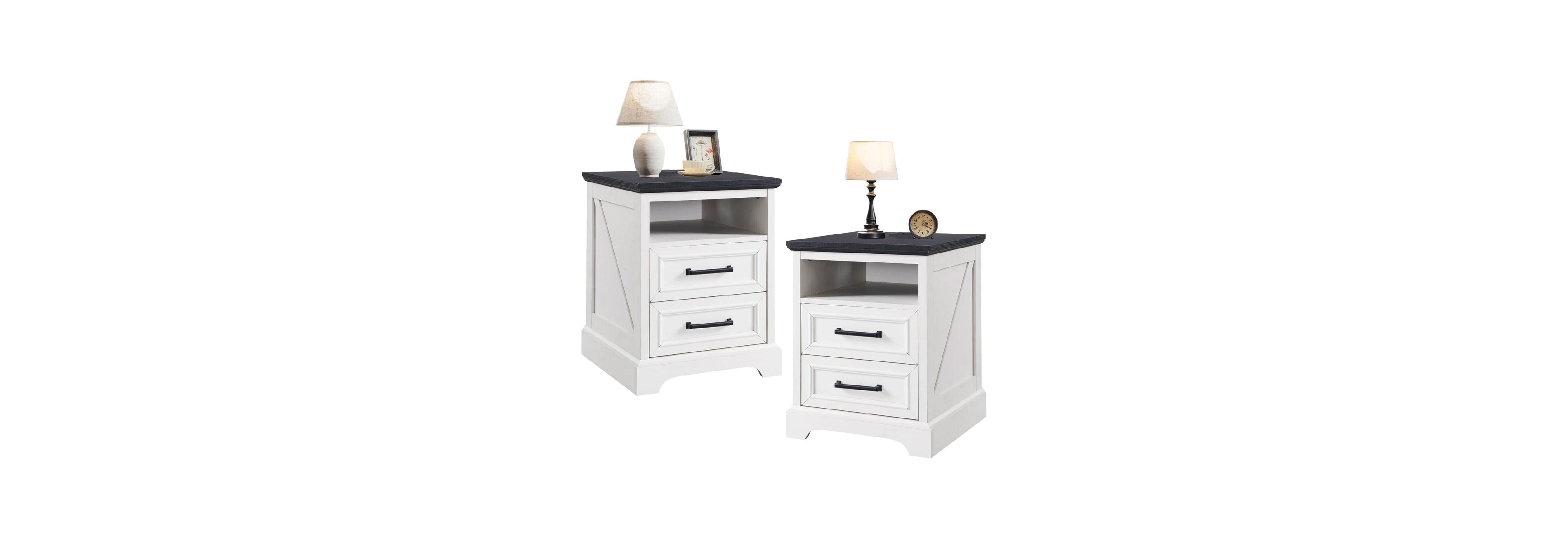 gaomon 18" Farmhouse Nightstand Set of 2 with Charging Station,End Table with 2 Drawers Storage,Side Table,Bedside Cabinet, White