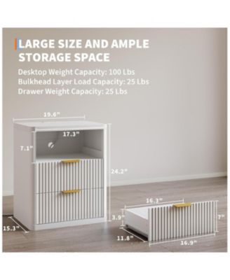 Fluted Nightstand with Charging Station, Bedside Table with 2 Drawers and Open Storage Space, Mid Century Modern End Table, 1pcs