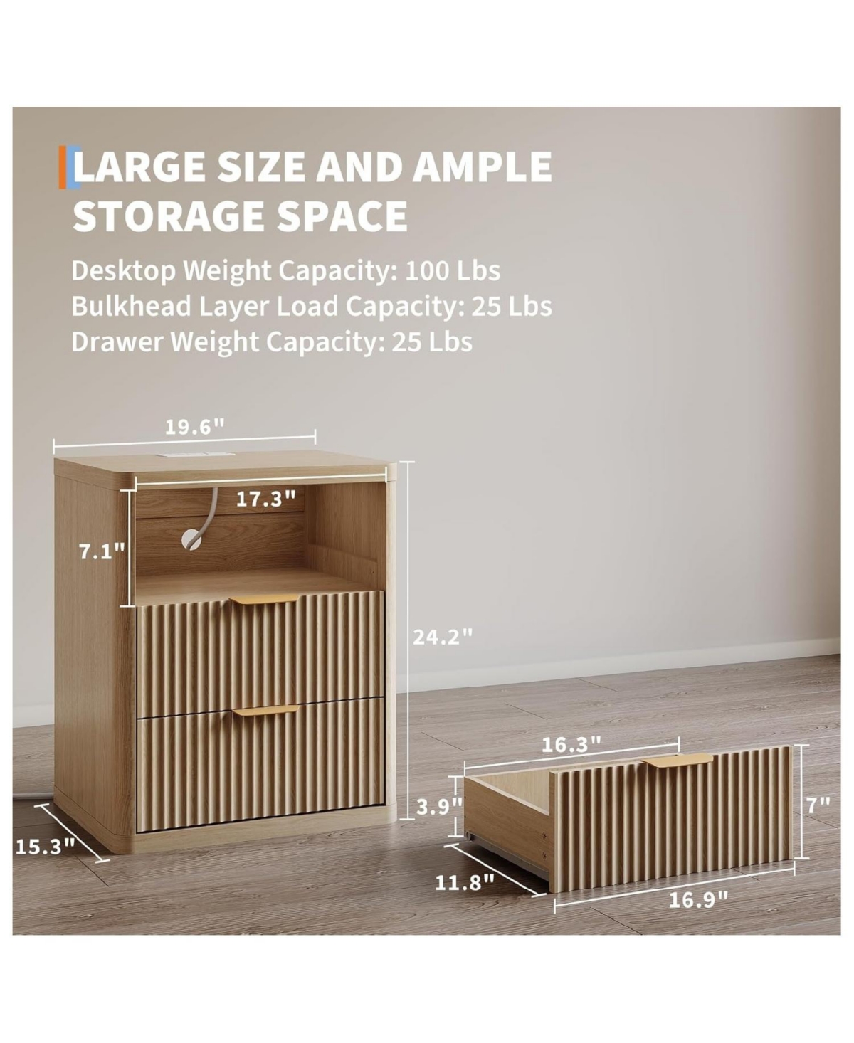 gaomon Fluted Nightstand with Charging Station, Bedside Table 2 Drawers and Open Storage Space, Mid Century Modern End Table, 1pcs