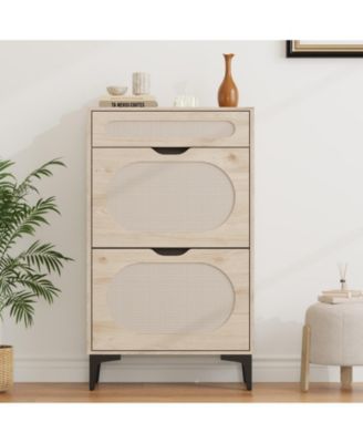 Shoe Cabinet, Rattan Shoe Storage With 2 Flip Drawer and 1 Pull-Out Drawer, Heavy Duty Metal Leg,Entryway Shoe Organizers