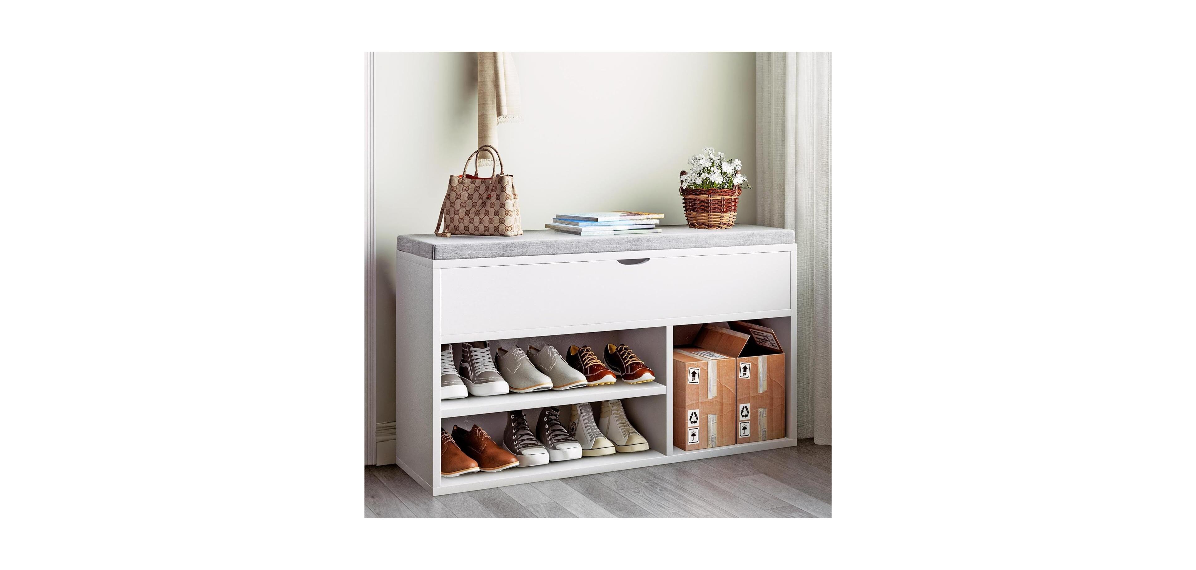 gaomon Shoe Bench w/ Cushion, Adjustable Shelf & Hidden Storage, Wooden Shoe Rack