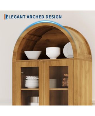 70" Tall Arched Kitchen Pantry Cabinet, 5-Tier Wood Display Storage Cabinet with Acrylic Doors Modern Freestanding Cupboard