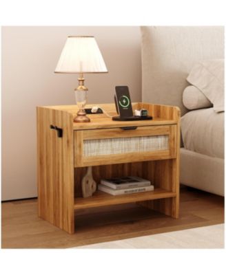 Rattan Nightstand, Bedside Table with Type-C Charging Station - 1 Storage Drawer & Open Storage Space, Boho End Table Side Table