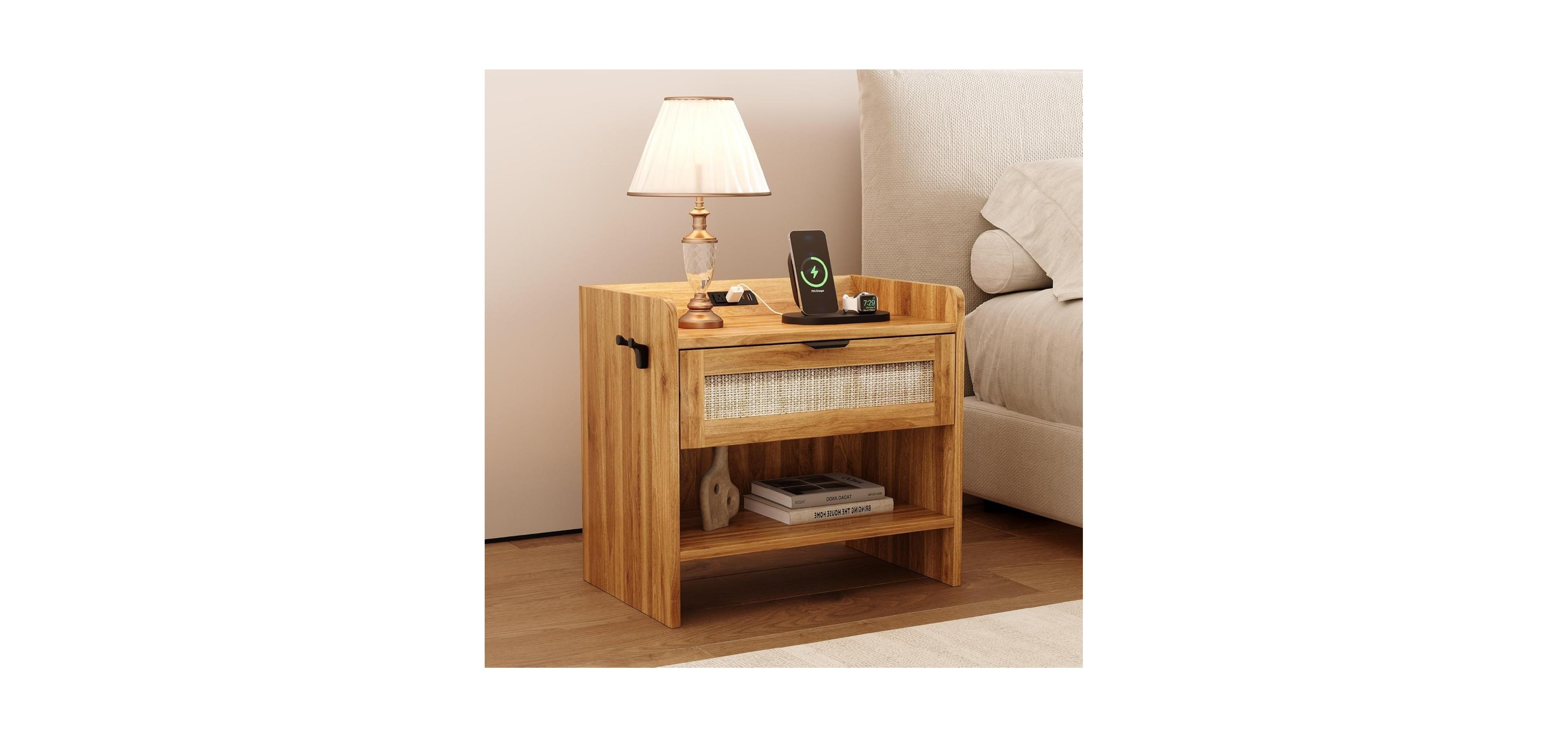 gaomon Rattan Nightstand, Bedside Table with Type-c Charging Station - 1 Storage Drawer & Open Space, Boho End Side