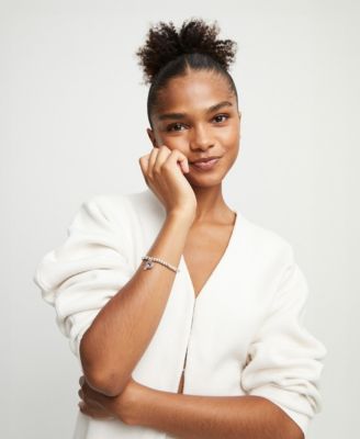 Silver Beaded and Pink Crystal Heart Stretch Bracelet