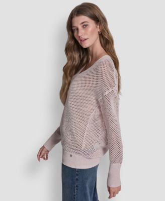 Women's Long Sleeve V-Neck Open Stitch Lurex Sweater with Logo Charm