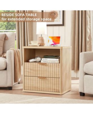 Fluted Farmhouse Nightstand Set of 2 with Charging Station, 23" Wide 2 Drawers End Table