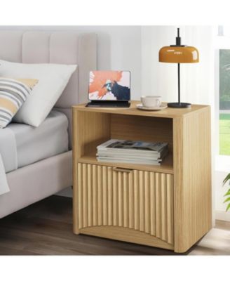 Nightstands, Fluted Nightstand with Drawer and Storage, End Table Mid Century Modern, Wooden Nightstand for Bedroom Sofa Office,Oak 1pcs