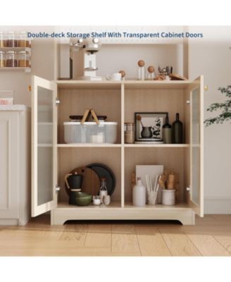 71" Kitchen Pantry Cabinet w/ Microwave Stand, Farmhouse Hutch & Open Storage for Food Essentials