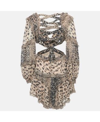 Women's Beige Chiffon Leopard Print Cut-Out Mini Dress