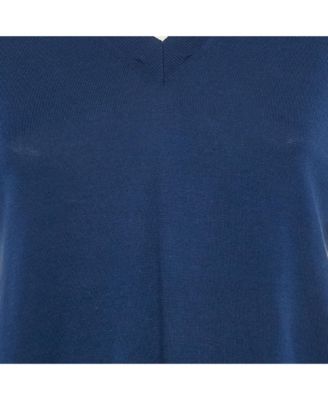 Women's Royal Blue Cotton Knit And Silk Pleated Asymmetric Top